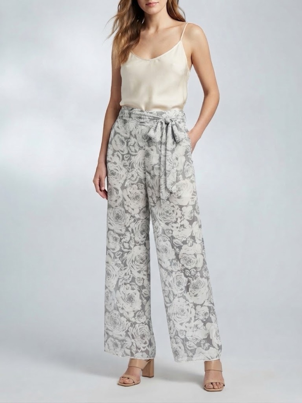 Linda Allard Ellen Tracy Size 2 100% Silk Pants Vintage Grey and White Floral - Picture 3 of 13